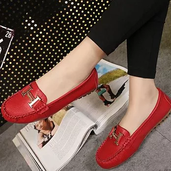 【Moscova】手工真皮系列 金屬H裝飾舒適百搭牛皮厚底鞋EU37紅色
