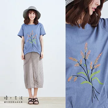 【慢。生活】穗花刺繡棉麻上衣-F　FREE灰藍