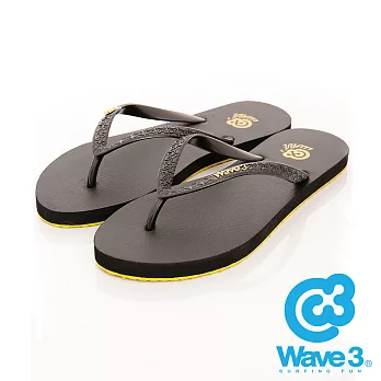 WAVE 3 (女) 古典壓紋 鞋底撞色輕量人字夾腳拖鞋 -US5黃底黑