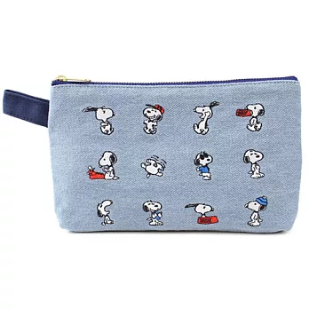 【日本進口正版】史努比 Snoopy 帆布 丹寧風 刺繡 扁型 筆袋/收納包/化妝包 PEANUTS
