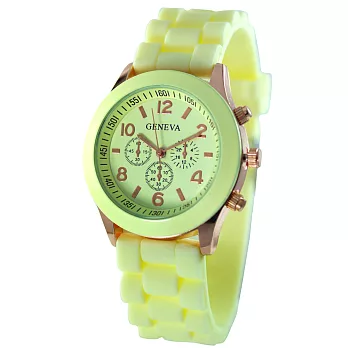 GENEVA 繽紛馬卡龍色玫殼軟矽膠錶帶造型手錶-淺黃