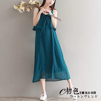 【初色】純色前綁帶無袖長款連衣裙-藏青色-90070(M-2XL可選)M藏青色