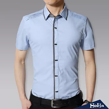 【Heha】襯衫 純棉拼色修身短袖襯衫 四色(L-3XL可選)L（淺藍）