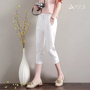 【AnZa】棉麻鬆緊綁帶七分褲(7色) FREE白色