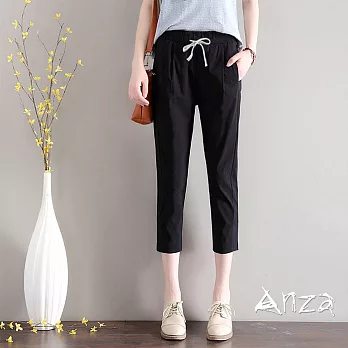 【AnZa】棉麻鬆緊綁帶七分褲(7色) FREE黑色