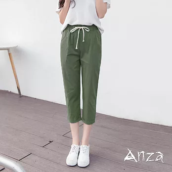 【AnZa】棉麻鬆緊綁帶七分褲(7色) FREE軍綠