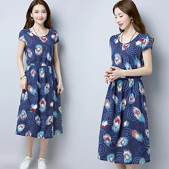 【NUMI】森-棉麻風圈圈印花收腰連衣裙-共2色-51097(M-2XL可選)M藍色