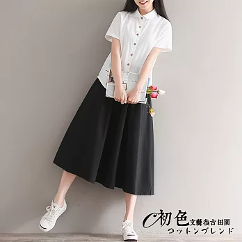 【初色】純色翻領襯衫長裙套裝-共3色-90137(M-2XL可選)M黑色