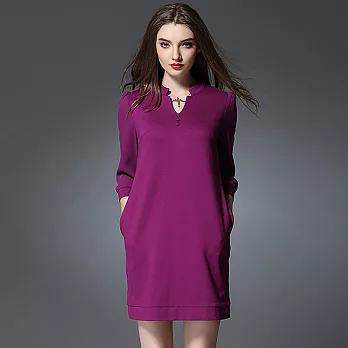 【BR】歐-V領泡泡袖修身洋裝-紫色-60058(XL-3XL可選)XL紫色