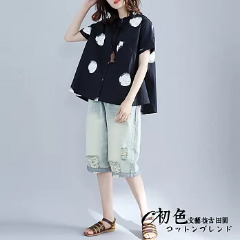 【初色】田園-大圓點文藝寬鬆襯衫-共2色-51153(L/XL可選)L黑色