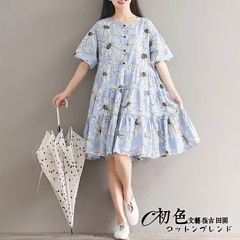 【初色】印花排扣棉麻風連衣裙-藍色-90147(M-2XL可選)M藍色