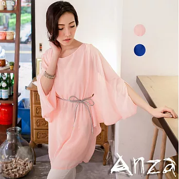 【AnZa】雪紡寬袖附腰帶長板五分袖上衣(2色)FREE粉色