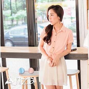 【AnZa】雪紡紗假兩件襯衫綁帶連身裙(2色) FREE粉色