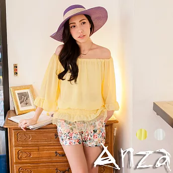 【AnZa】伸縮領寬袖荷葉擺雪紡上衣(2色) FREE黃色