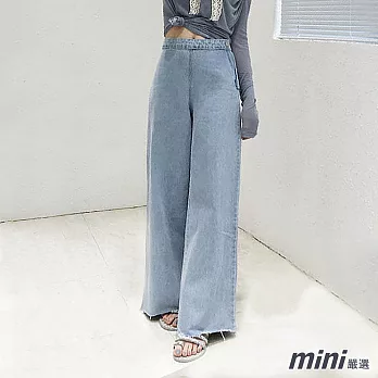 【mini嚴選】長褲 高腰側拉鍊喇叭牛仔寬褲 二色(M-XL可選)L（淺藍）