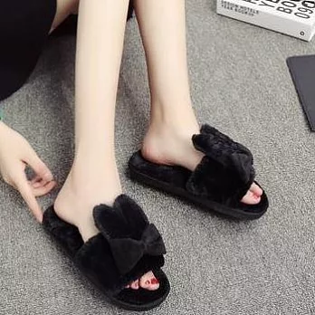 【Moscova】冬季家居家可爱蝴蝶结一字兔毛毛棉拖鞋S黑色