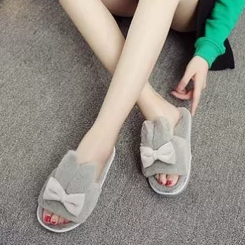 【Moscova】冬季家居家可爱蝴蝶结一字兔毛毛棉拖鞋S灰色