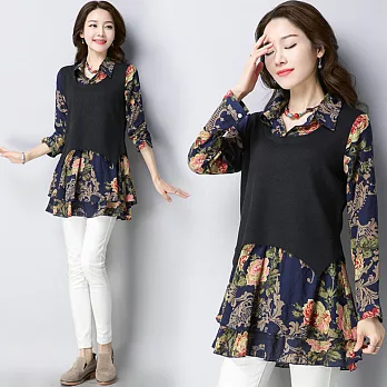 【NUMI】森-復古假兩件印花拼接上衣-共2色-51503-(L-2XL可選)L黑色