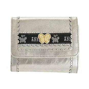 ANNA SUI 蝴蝶LOGO亮面織帶拉鍊短夾-銀