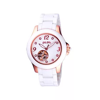 Folli Follie 典雅愛情海晶鑽陶瓷機械錶(白)