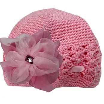 美國製Faigie手工花朵針織帽-雙層薄紗粉花