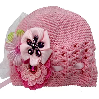 美國製Faigie手工花朵針織帽-三重瓣粉花