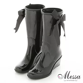 【Messa米莎】亮麗百搭蝴蝶結顯瘦楔型雨靴-40黑色