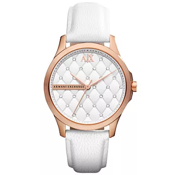 A│X Armani Exchange 奢華菱紋晶鑽立體時尚腕錶(皮帶-玫瑰金白)