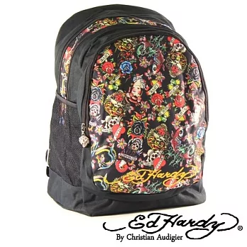 ED Hardy 印花經典刺青圖騰三層大背包-黑色