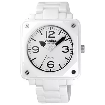 Vaness 粗獷性格陶瓷腕錶-白