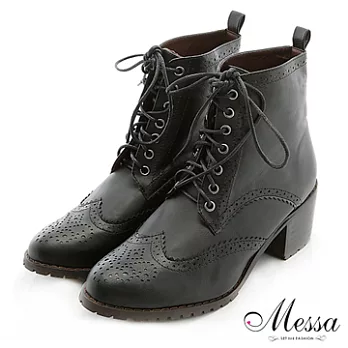 【Messa米莎】首選復古綁帶牛津粗跟短靴-38黑色