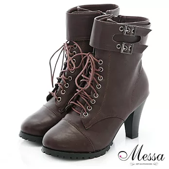 【Messa米莎】街頭魅力綁帶高跟短靴-36咖啡色