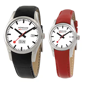 Mondaine 瑞士國鐵藍寶石水晶雙視窗對錶-男錶白+女錶紅