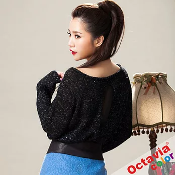 【OCTAVIA COLOR】DOUBLE性感倒V透紗背 晶亮針織衫 - 夜后黑