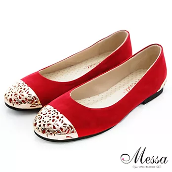 【Messa米莎】(MIT)高雅金屬拼接內真皮平底包鞋-35紅色
