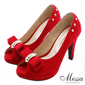 【Messa米莎】(MIT)蝴蝶結鉚釘魚口高跟鞋-35紅色