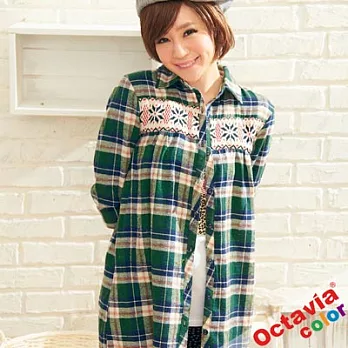 【OCTAVIA COLOR】我愛雪花 蕾絲傘擺磨毛格紋大襯衫 - 綠藍格