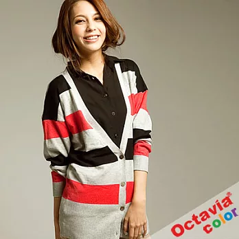 【OCTAVIA COLOR】粗線條寬寬的撞色針織外套 - 米亞灰紅