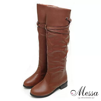 【Messa米莎】率性經典繞帶平底長靴-35棕色