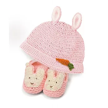 美國Bunnies By The Bay海灣兔，粉小兔針織棉帽鞋，Bunny Beanie & Booties Set-Pink