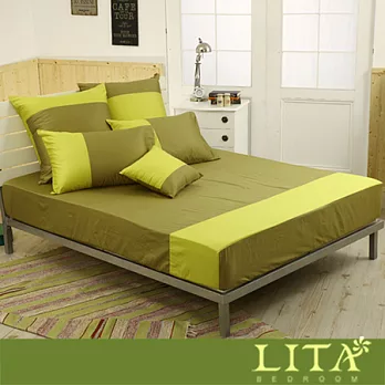 LITA麗塔(魔術方塊－橄欖綠x萊姆黃)特大三件純棉薄床包枕套組