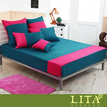LITA麗塔(魔術方塊－土耳其藍x洋紅)特大三件純棉薄床包枕套組
