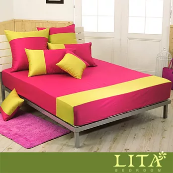 LITA麗塔(魔術方塊－洋紅x萊姆黃)加大三件純棉薄床包枕套組