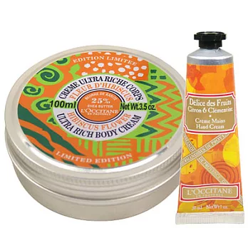 L’OCCITANE歐舒丹 歡沁芙蓉美體雙件組{乳油木芙蓉花保濕身體霜(100ml) +歡沁果露護手霜(30ml) }