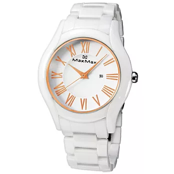 Max Max 魅力羅馬日期陶瓷腕錶(玫瑰金白-大)