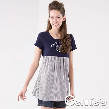 【Gennie’s奇妮】海軍風假兩件春夏孕婦哺乳長版上衣(GNA20)M藍