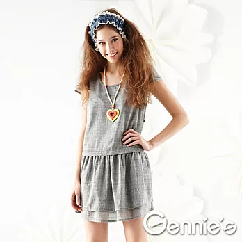 【Gennie’s奇妮】仿格拼接傘擺棉質春夏孕婦洋裝(G1117)S灰