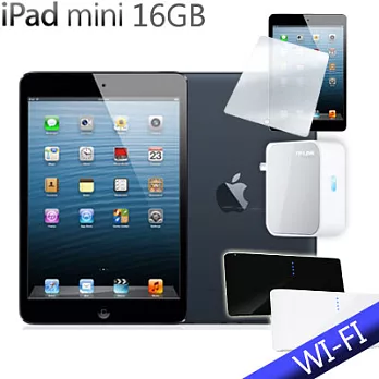 【NEW IPAD MINI(台灣公司貨)】 Wi-Fi 版 16GB+行動電源+迷你無線路由器+保護貼黑