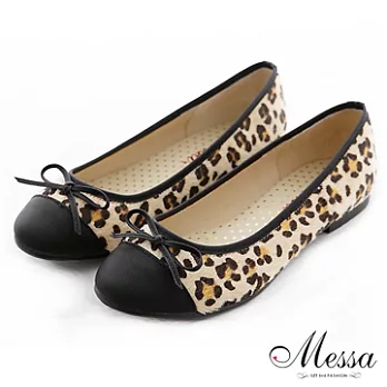 【Messa米莎】(MIT)俏麗蝴蝶結豹紋內真皮平底包鞋-35黑色