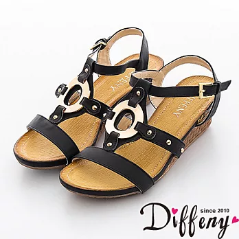 Diffeny 個性甜心 亮眼金屬感鉚釘楔型涼鞋-黑 370
